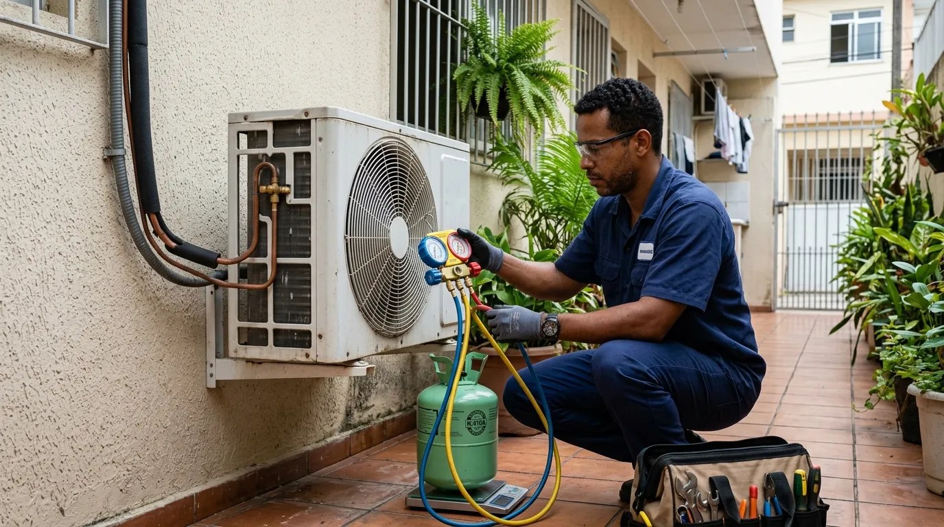 Técnico fazendo carga de gás na condensadora do ar-condicionado em Niterói‑RJ