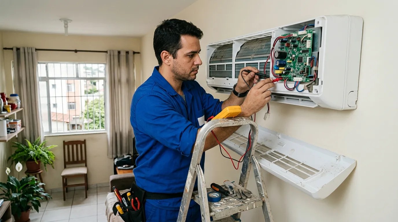 Técnico trocando a placa eletrônica de ar-condicionado split em Niterói‑RJ