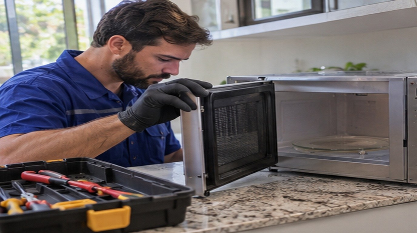 Conserto de micro-ondas em Niterói‑RJ: técnico abrindo um micro-ondas de bancada