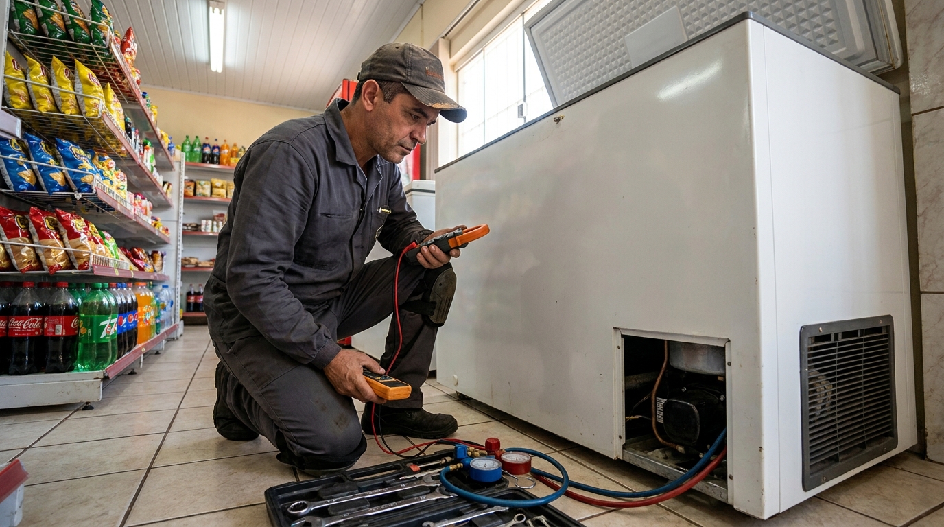 Reparo da placa eletrônica de um freezer em atendimento no Badu, Niterói‑RJ