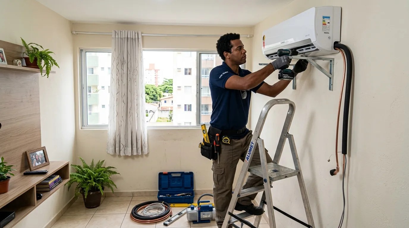 Técnico instalando ar-condicionado split em residência em Niterói‑RJ