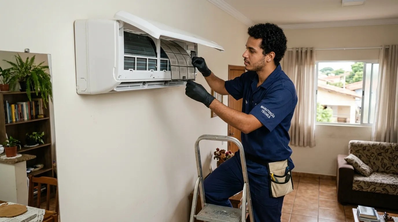 Técnico fazendo limpeza e higienização de ar-condicionado split em Niterói‑RJ