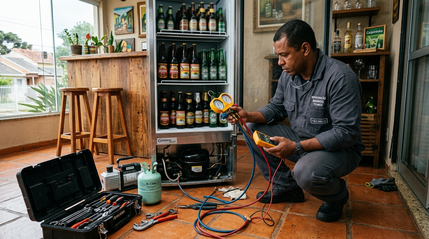 Técnico revisando o motor de uma cervejeira durante chamado em Niterói‑RJ