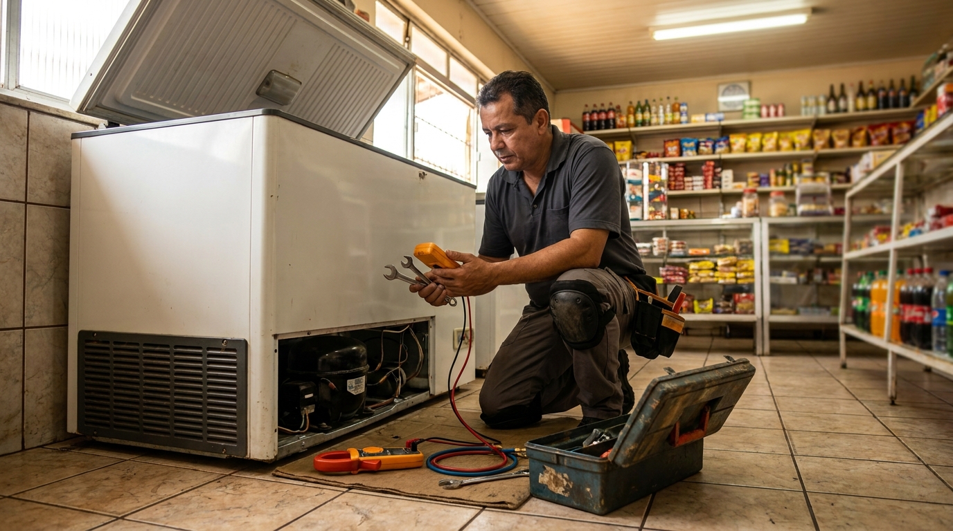 Técnico reparando o motor de um freezer horizontal no Badu, Niterói‑RJ