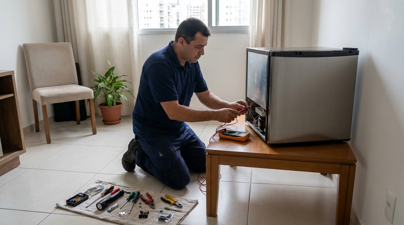 Técnico revisando o motor de um frigobar no Centro, Niterói‑RJ