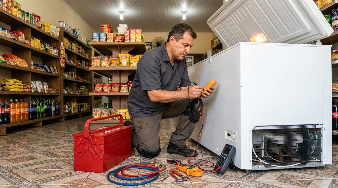 Manômetro conectado ao circuito durante recarga de gás de freezer no Badu, Niterói‑RJ