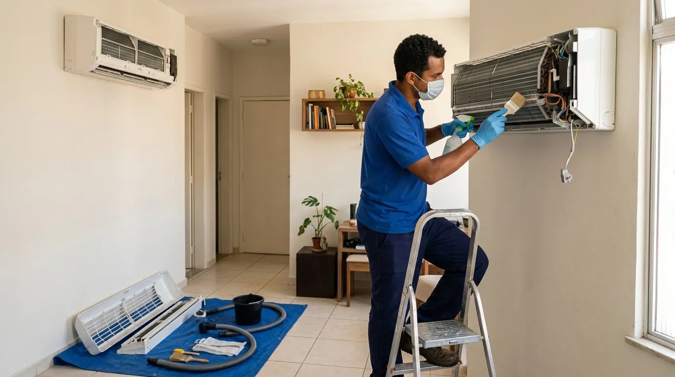 Técnico fazendo manutenção de ar-condicionado split em Niterói‑RJ
